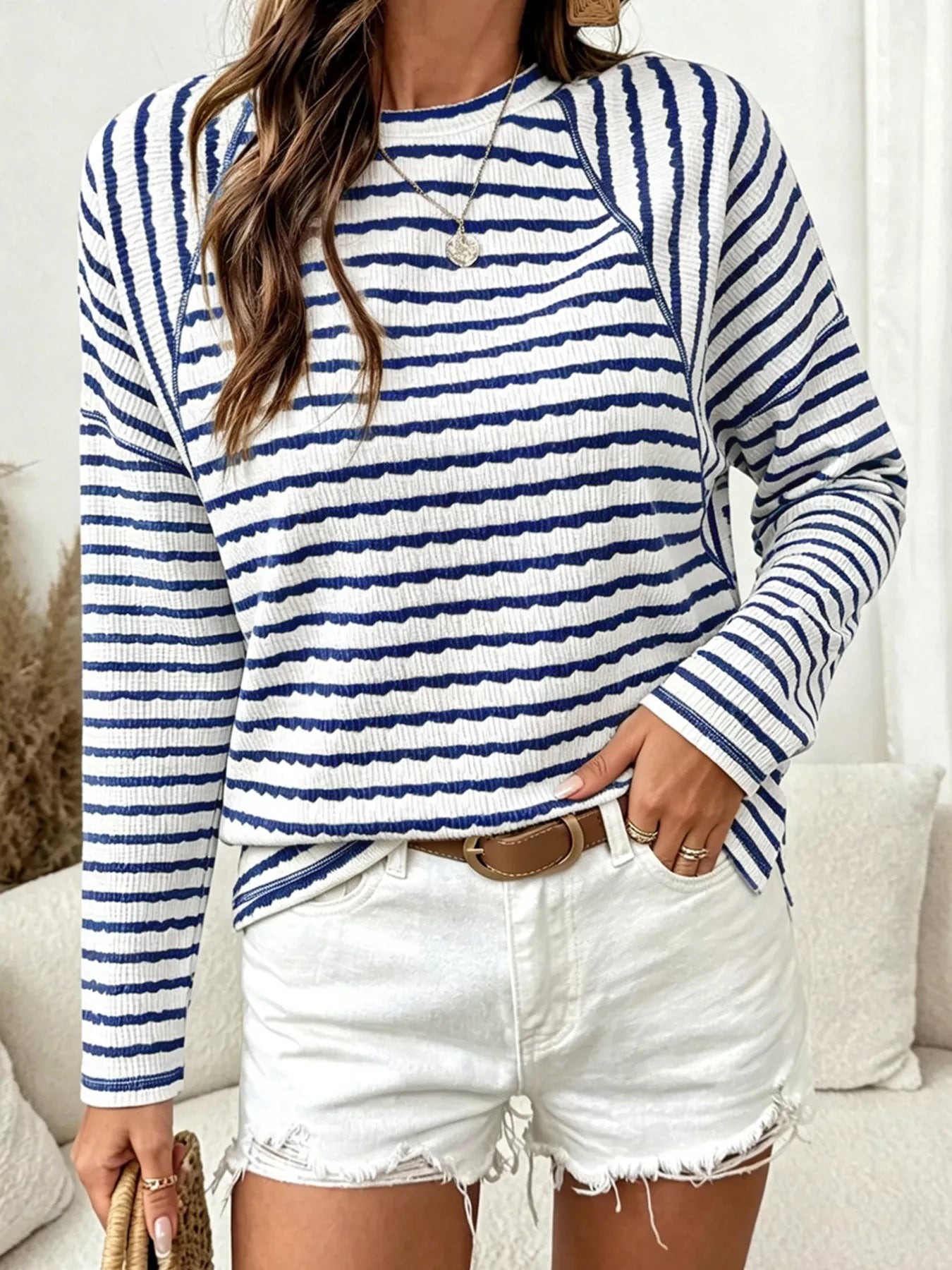 Trendsi Casual Striped Raglan Sleeve Long-Sleeve T-Shirt -