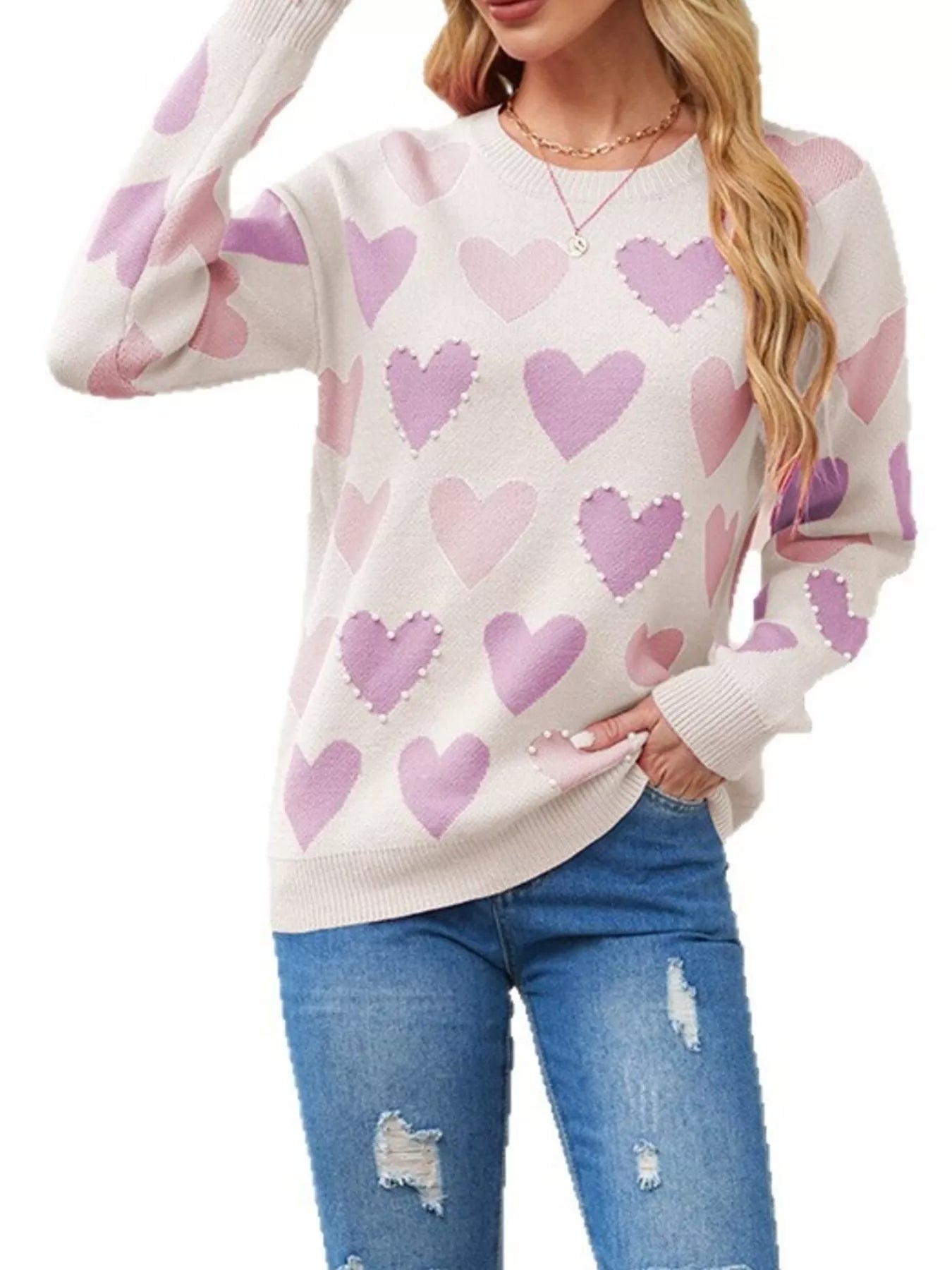 Trendsi Heart Pattern Pearl Embellishments Sweater -