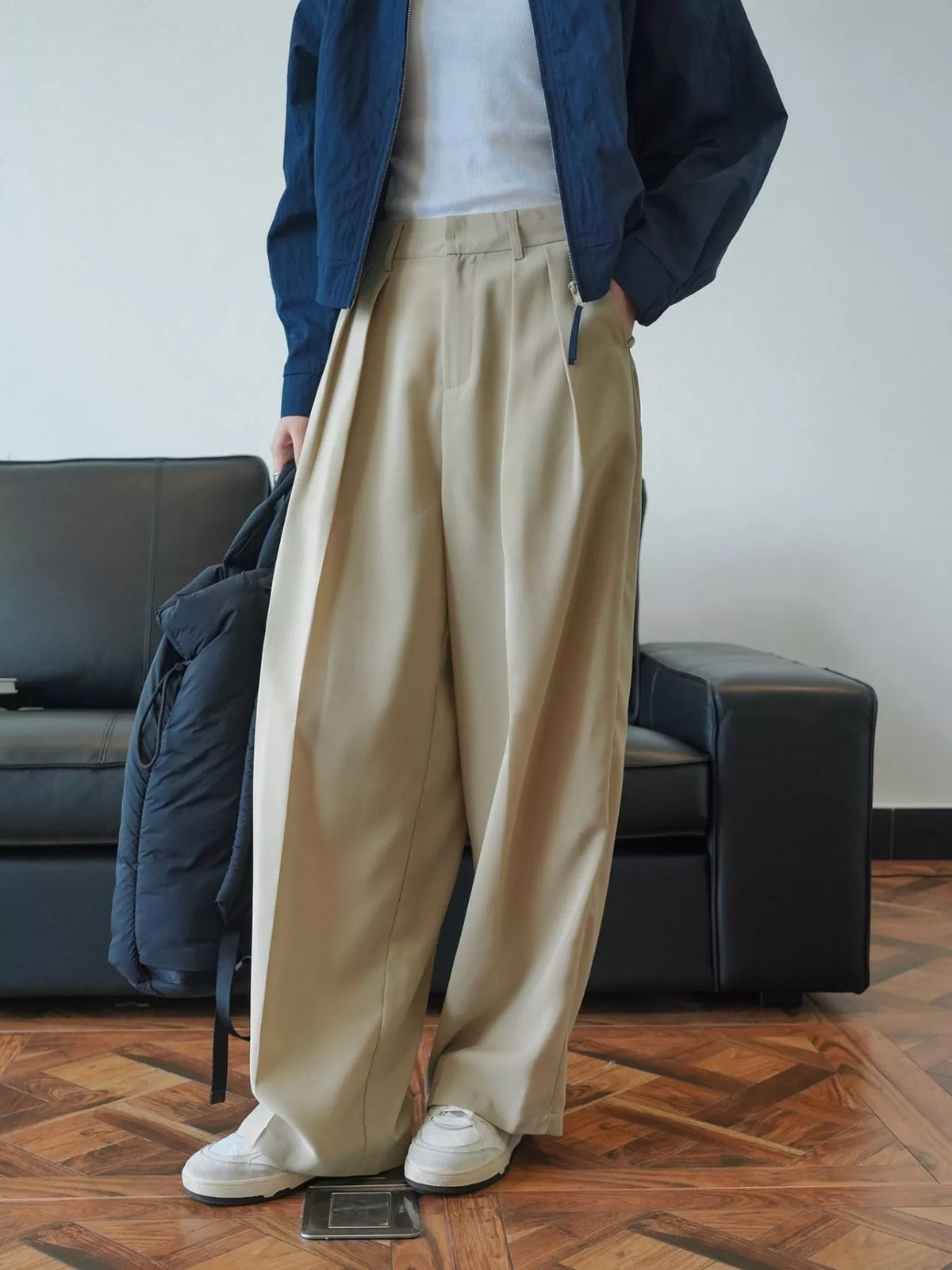 Women's High-Waisted Pleated Wide-Leg Pants in beige — front view