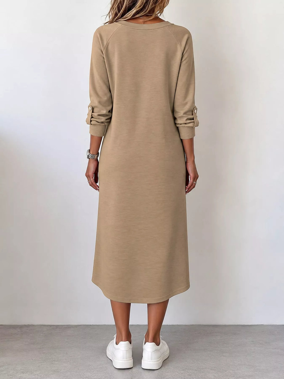 Women's V-Neck Long Sleeve Midi Dress in beige — back view
