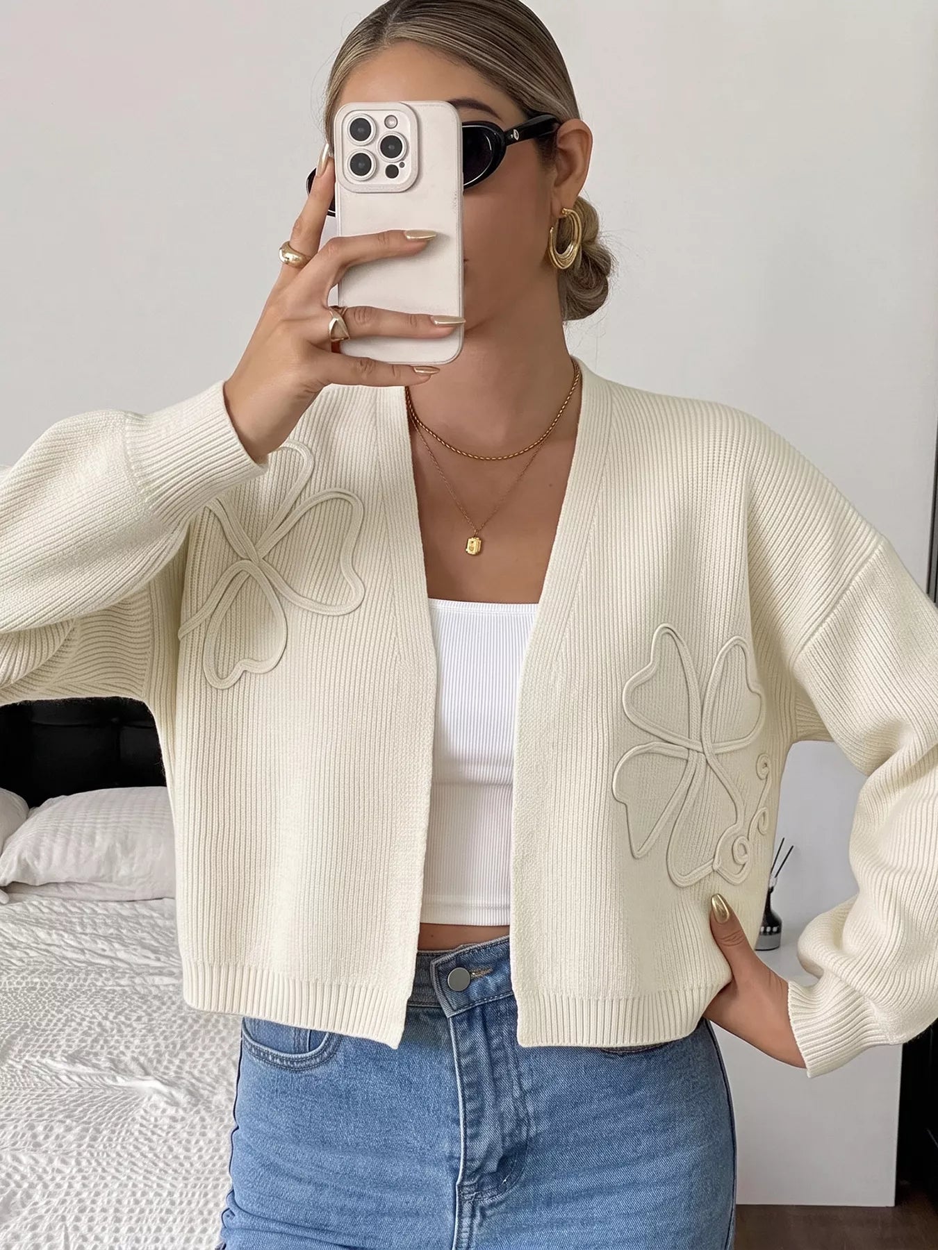 Trendsi Four-Leaf Clover Open Front Cardigan -