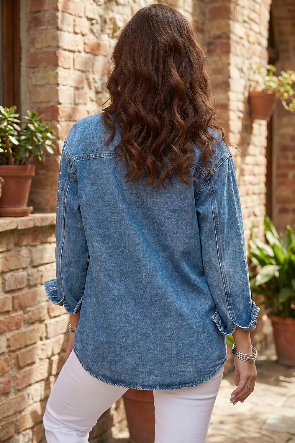 Trendsi Rivet Embellished Western Style Regular Fit Long Sleeve Denim Jacket -
