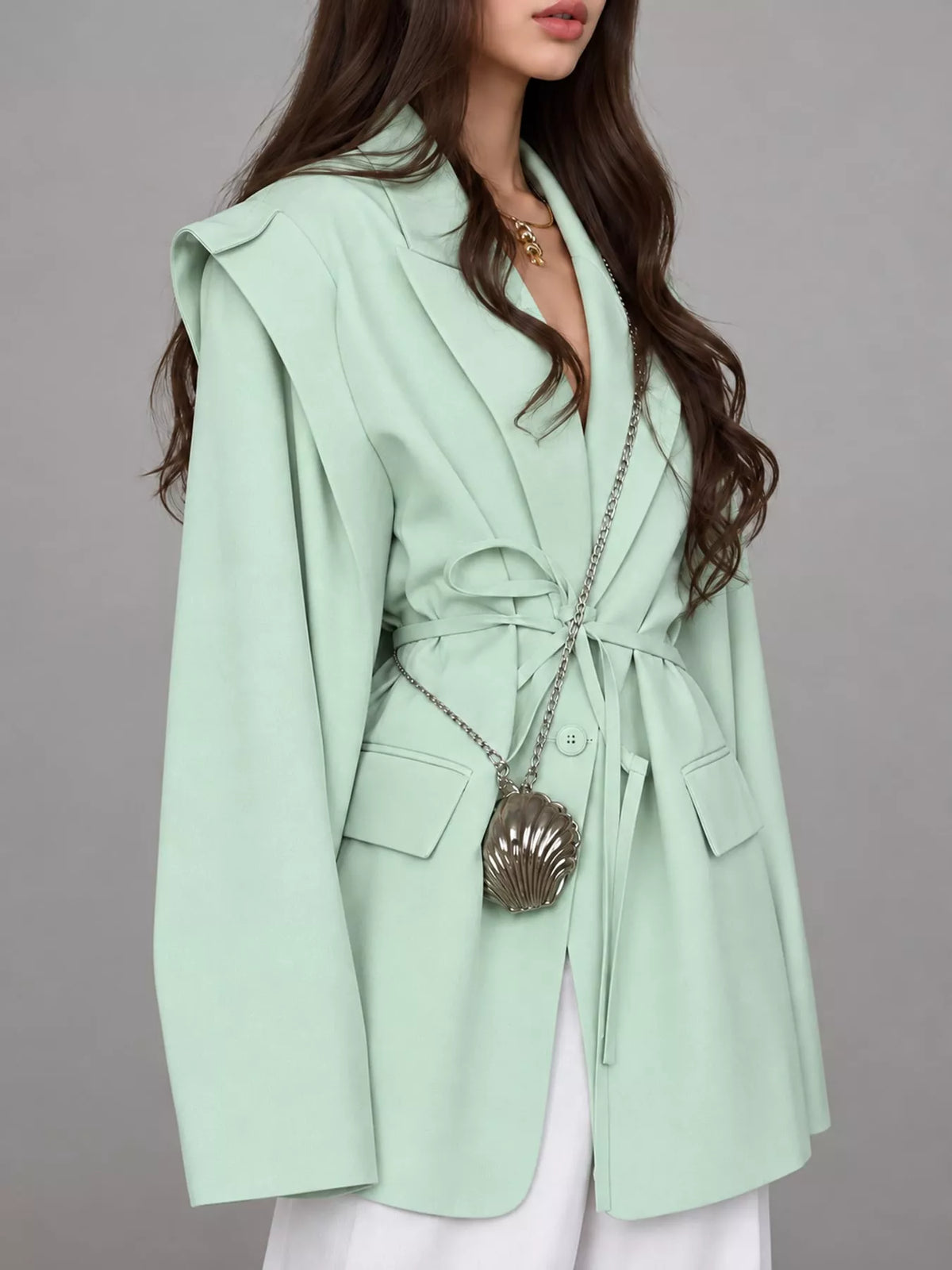 Collared long sleeve blazer, side view
