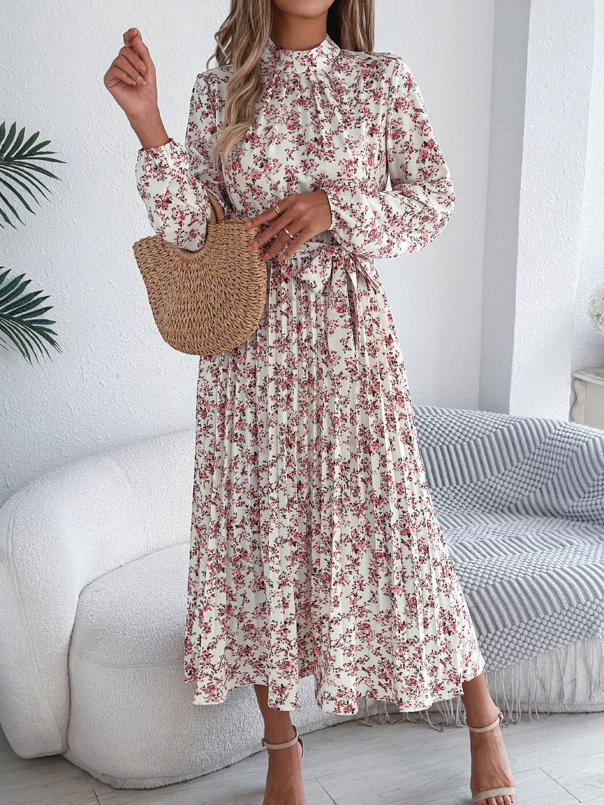 White floral print long sleeve midi dress