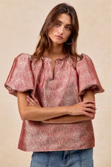 Trendsi BiBi Jacquard Woven Short Balloon Sleeves V Neck Top -