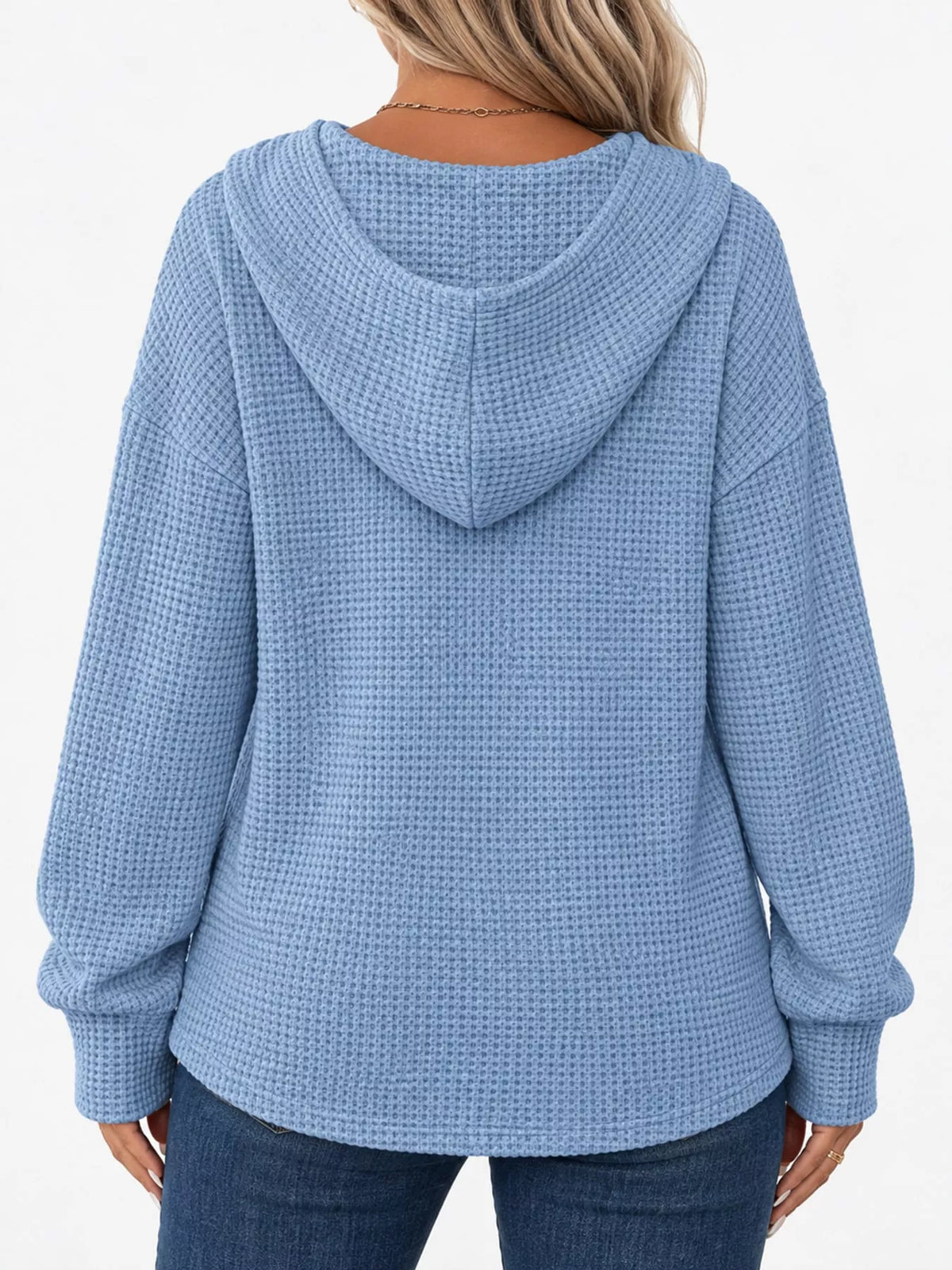 Light blue waffle knit button-detail hoodie, back view