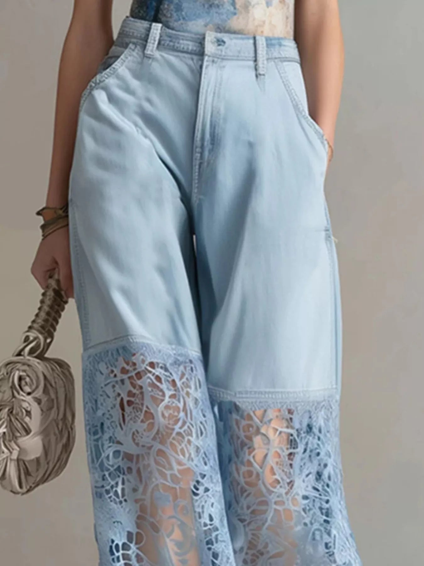 Trendsi Lace Patchwork Wide Leg Jeans -