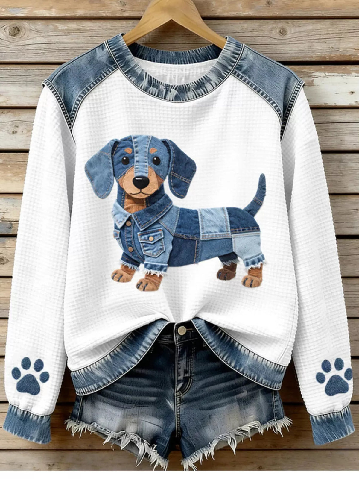 White dog denim patchwork waffle knit sweatshirt