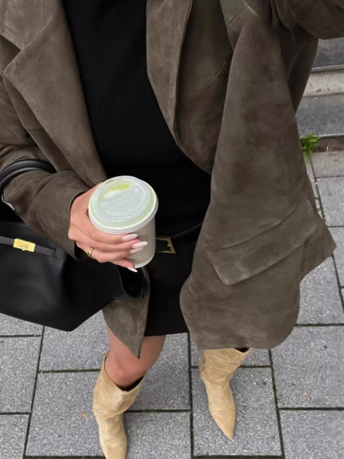 Army green lapel blazer, front view