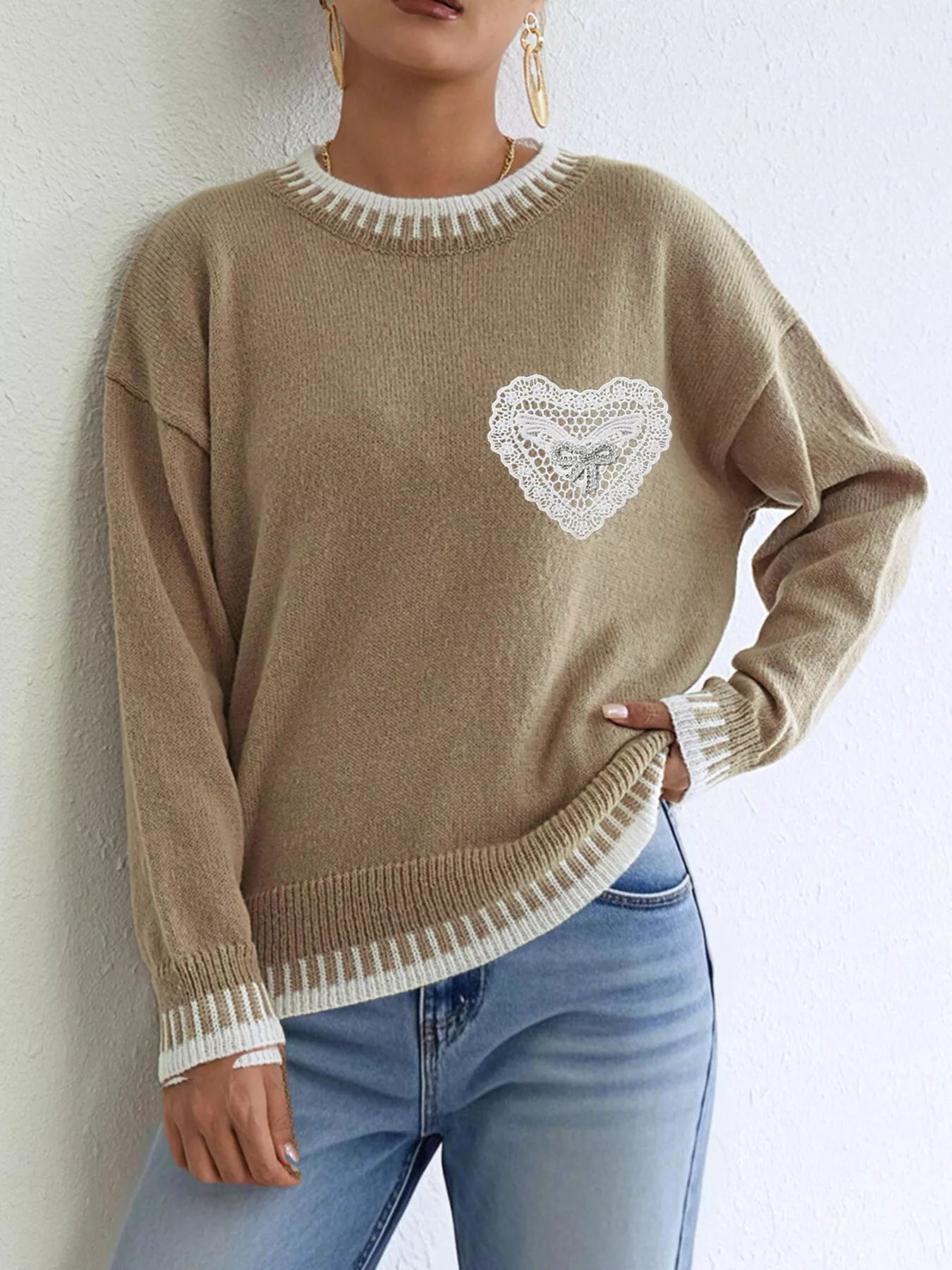 Trendsi Lace Heart Contrast Trim Sweater -