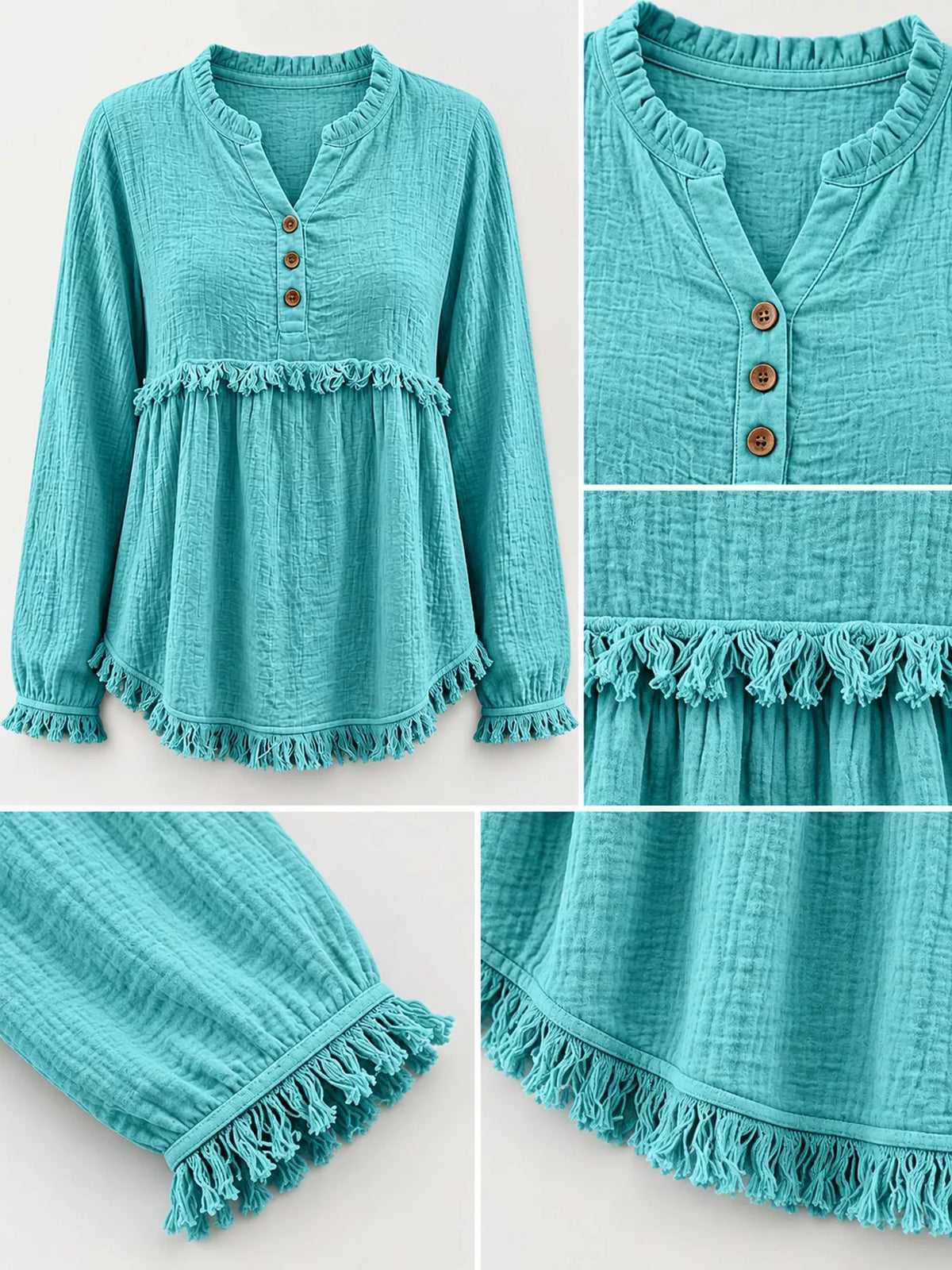 Frayed-hem blouse, teal button and fringed trim details