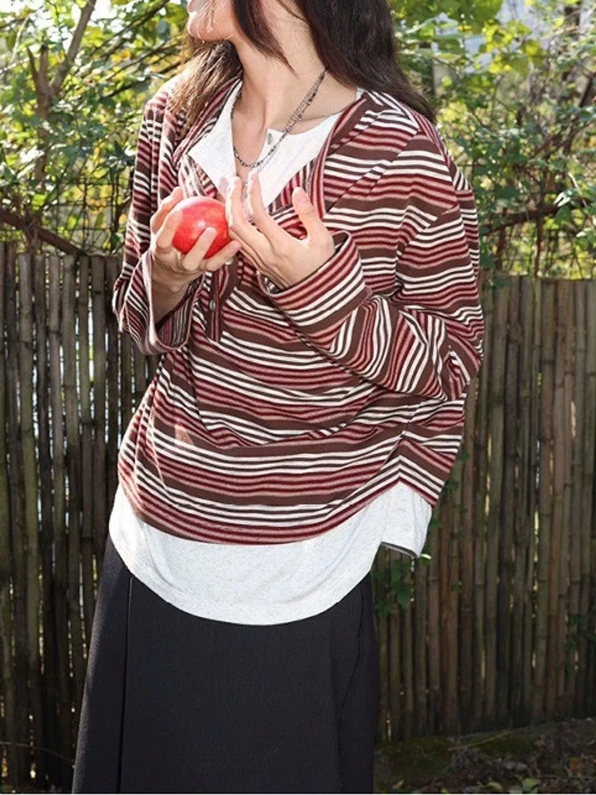Rust and white striped long sleeve quarter-zip T-shirt