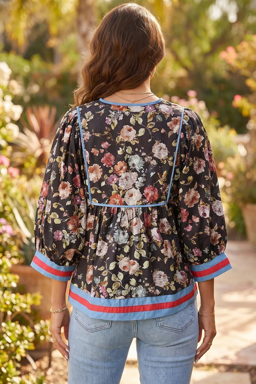Trendsi Floral Print Contrast Trim Tie V Neck Blouse -