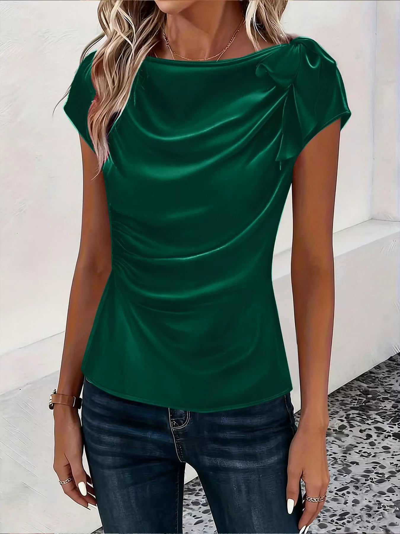 Trendsi Ruched Short Sleeve Satin Top -