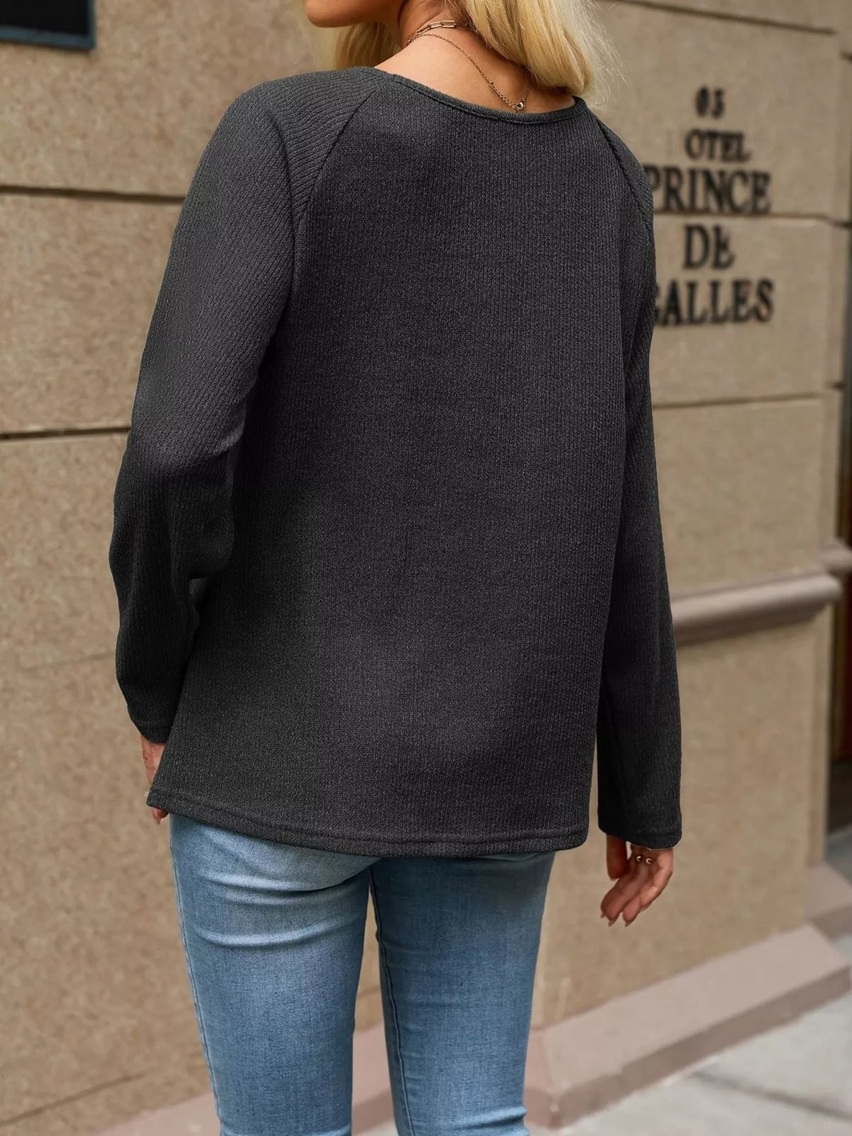 Trendsi Ribbed Knit Raglan Sleeve T-Shirt -