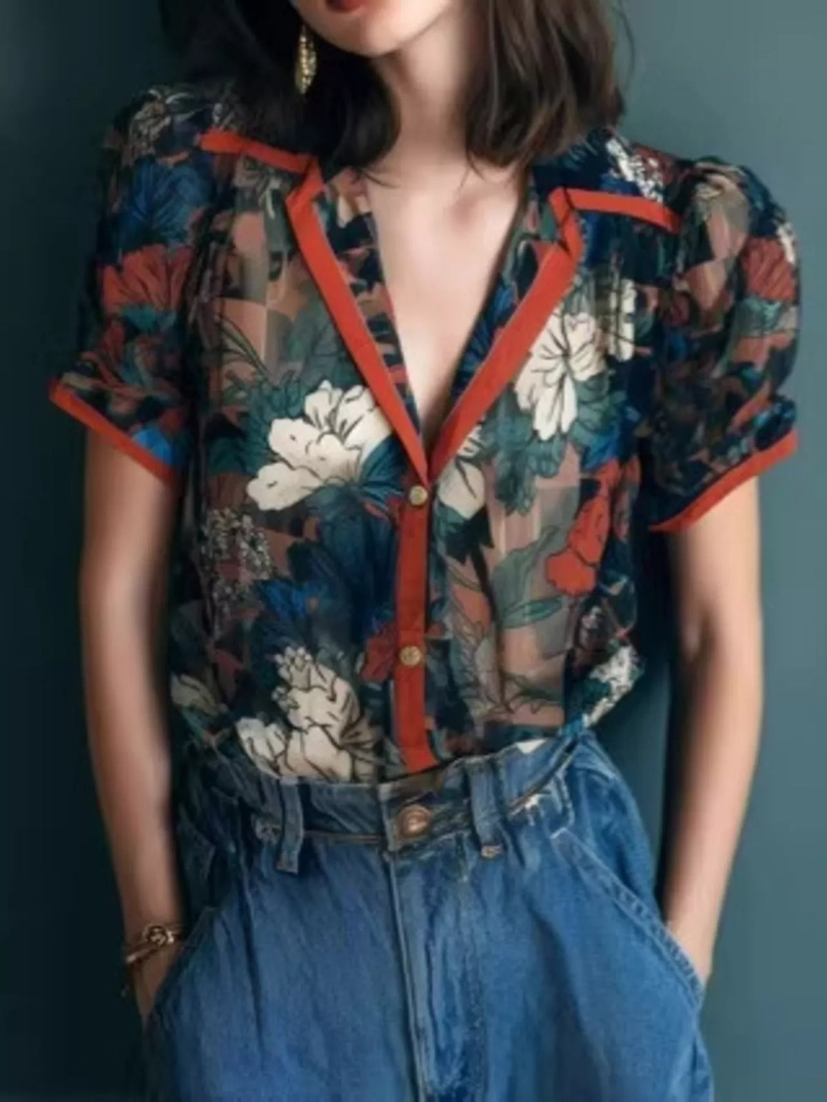 Red vintage floral print v-neck blouse with contrast trim