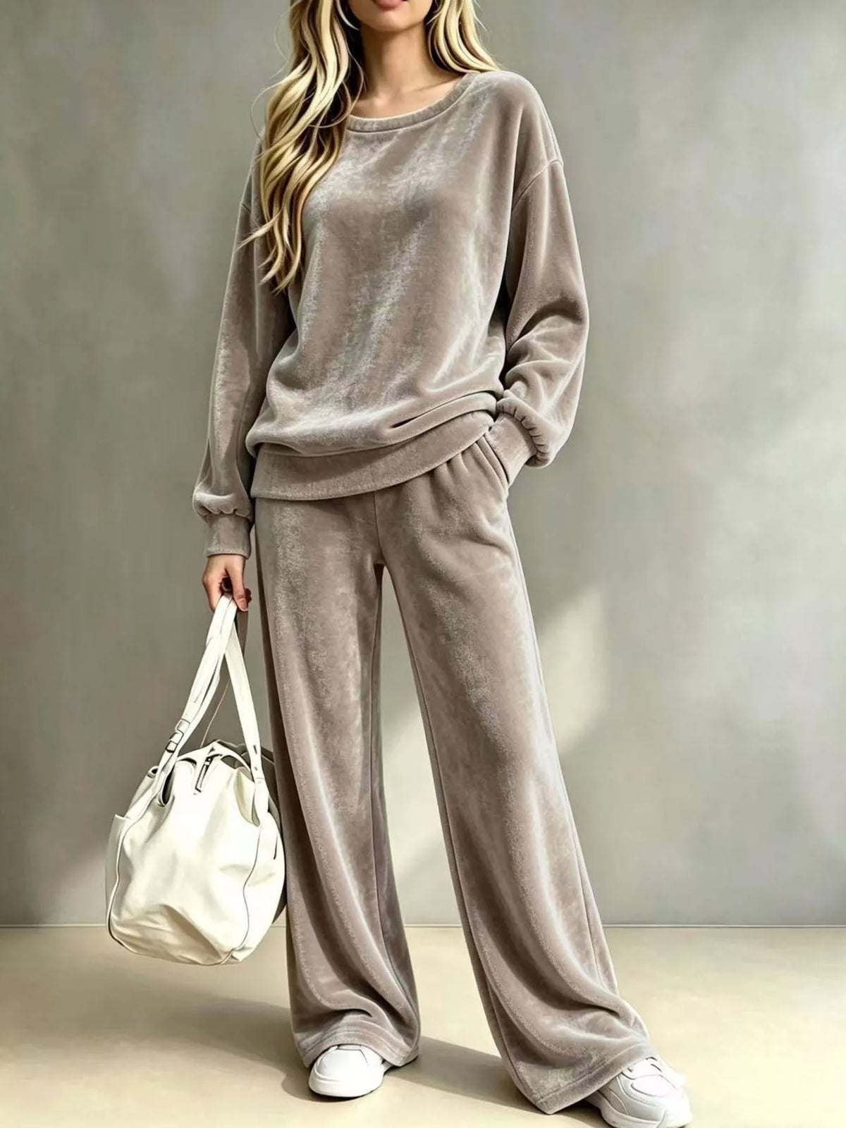 Women's Dropped Shoulder Velvet Top and Wide Leg Pants Set in taupe — front view