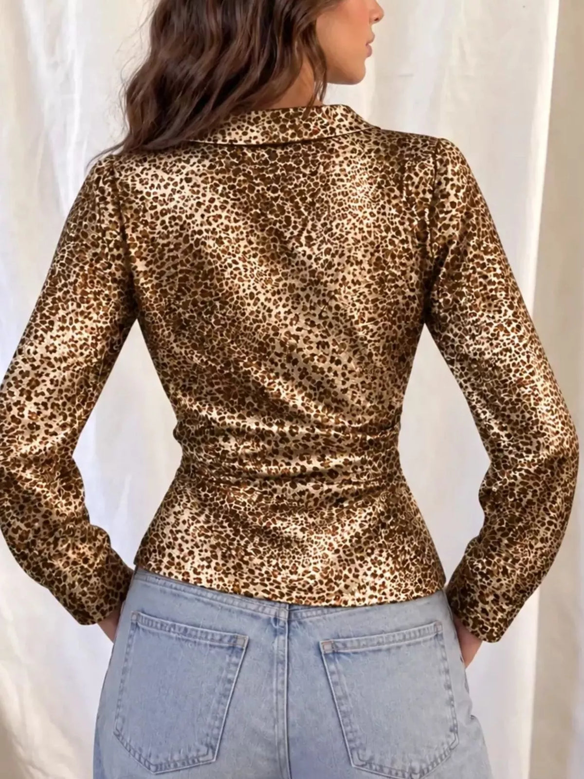 Women's Leopard Print Wrap Blouse with Long Sleeves in brown leopard — back view