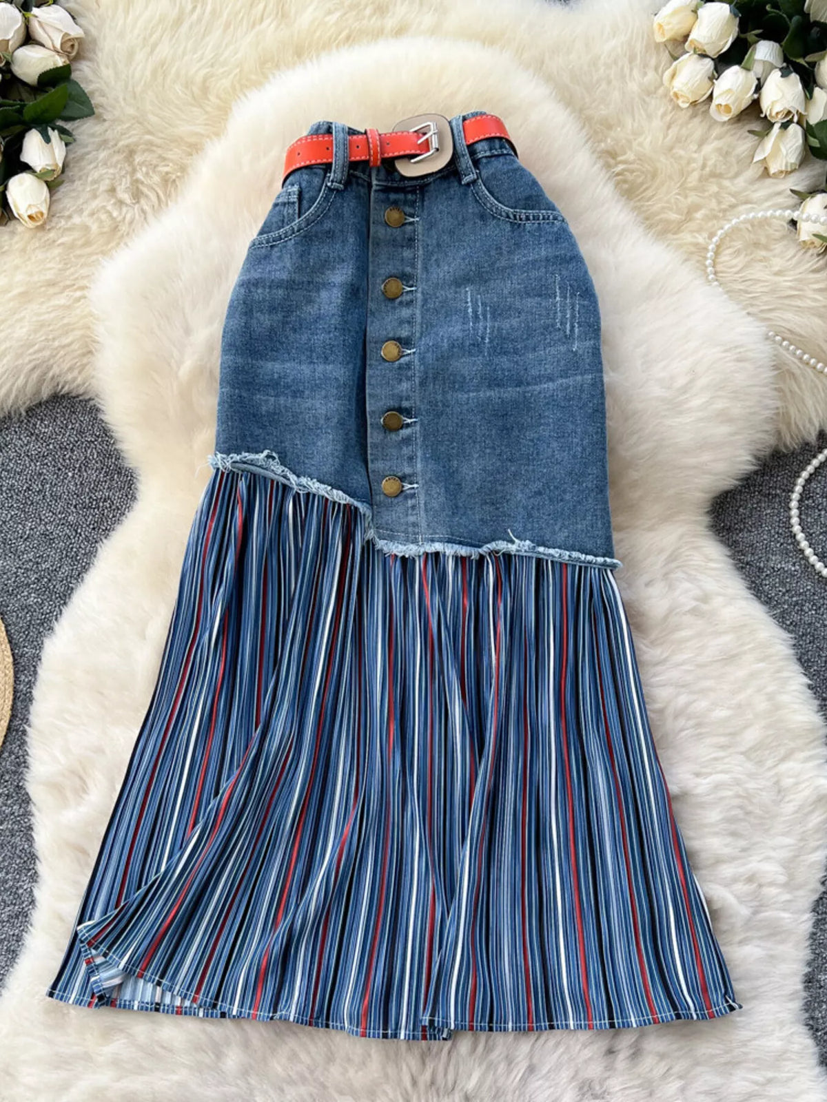 Trendsi Full Size Striped Patchwork Denim Skirt Plus Size -