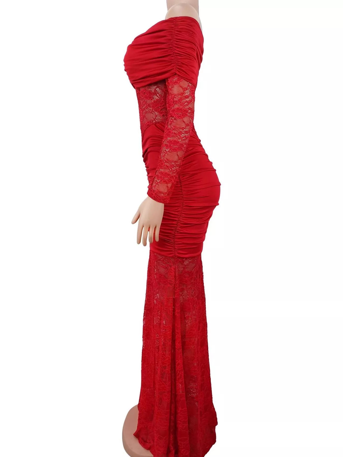 Trendsi Off-Shoulder Ruched Lace Mermaid Maxi Dress -