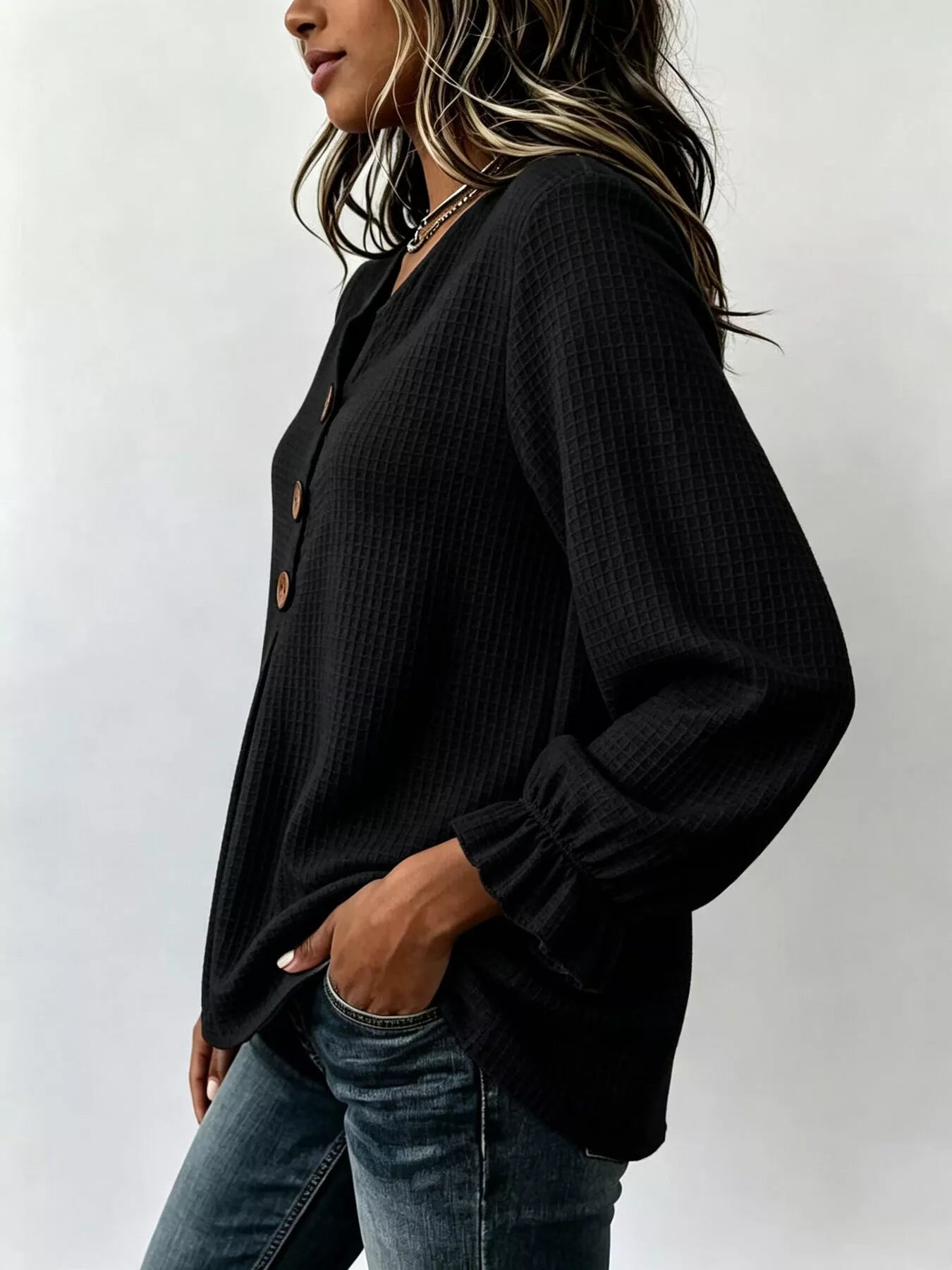Waffle-knit long sleeve top