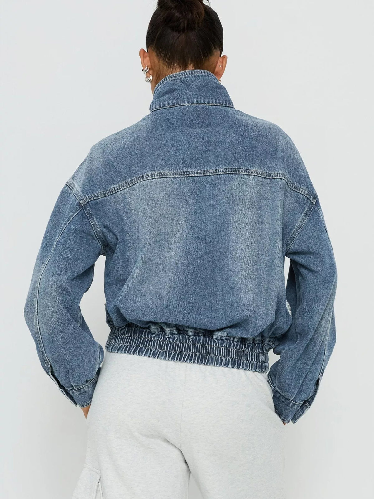 Washed stand-up collar denim jacket, back view