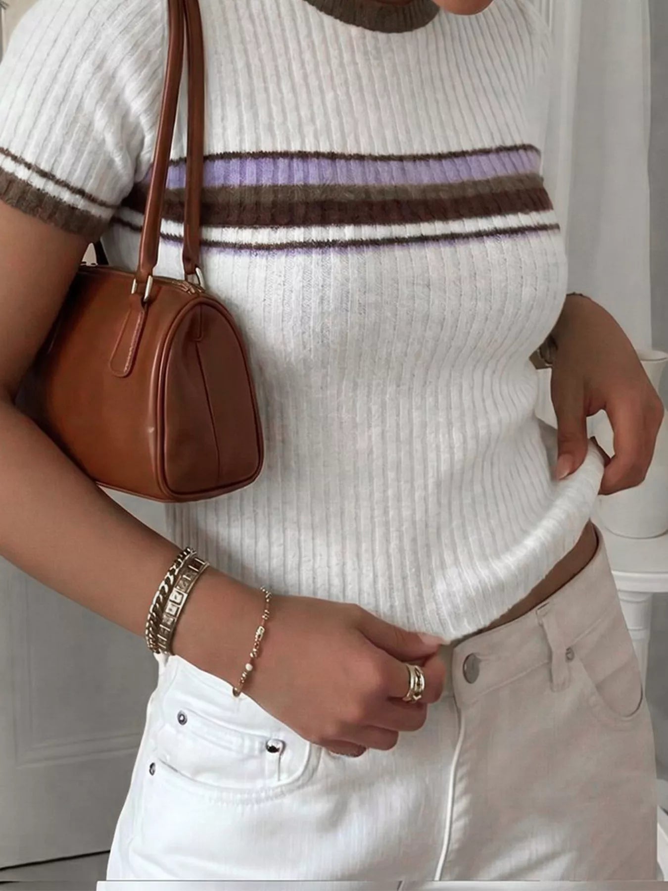 Trendsi Striped Short Sleeve Knit Top -