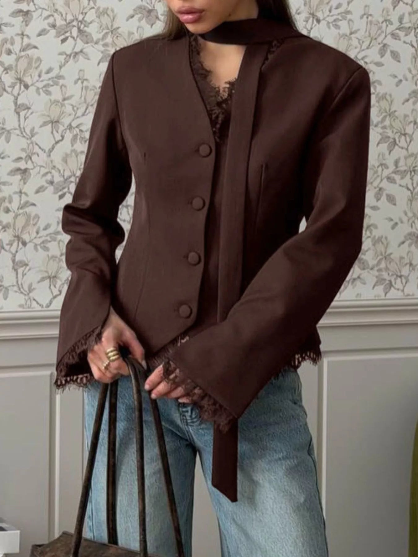 Trendsi Lace Trim Button Up Blazer -