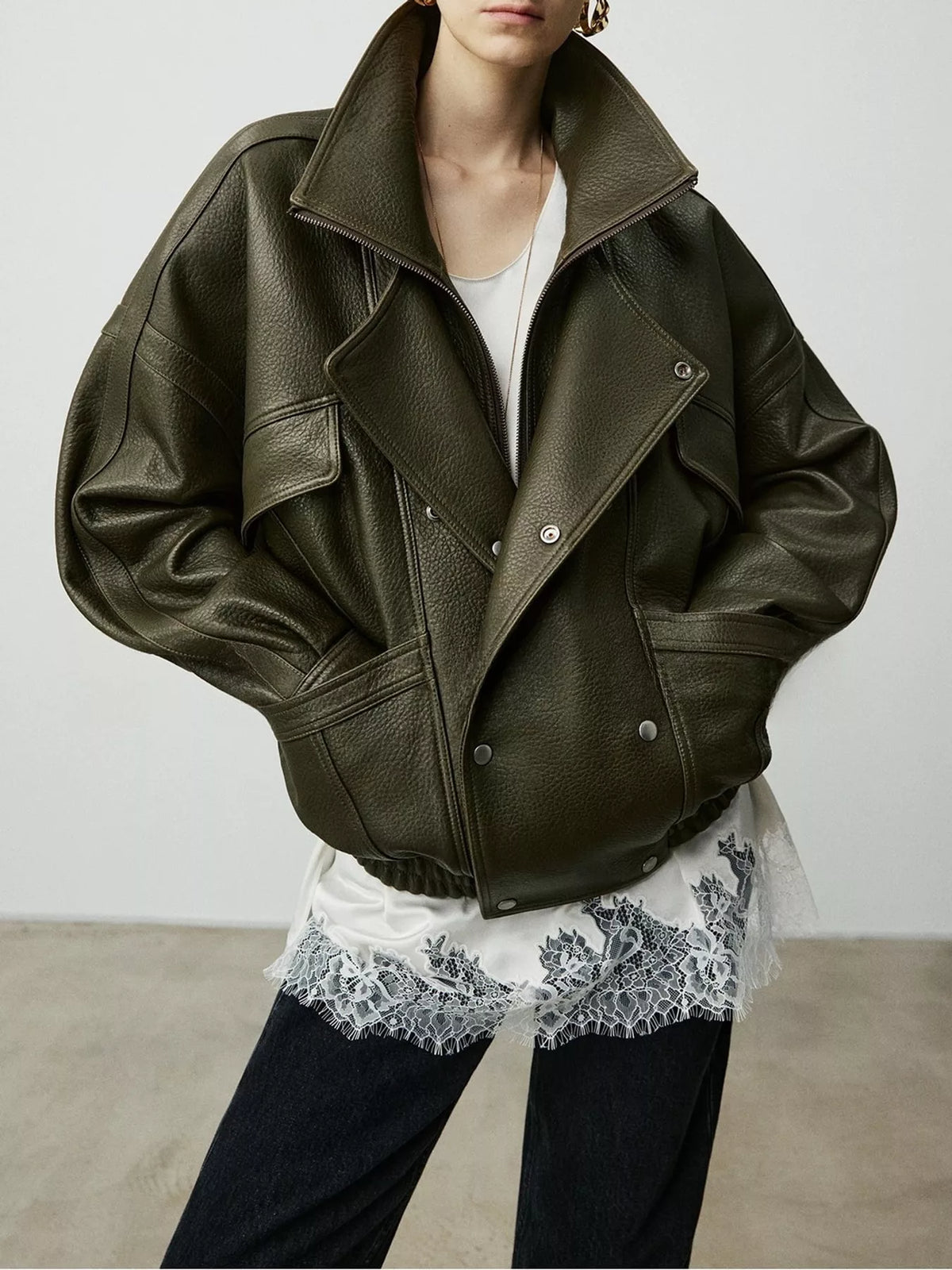 Snap Down Leather Jacket in dark green, front view