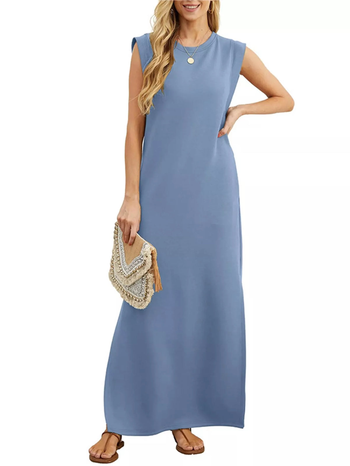 Round neck sleeveless maxi dress, front view on model