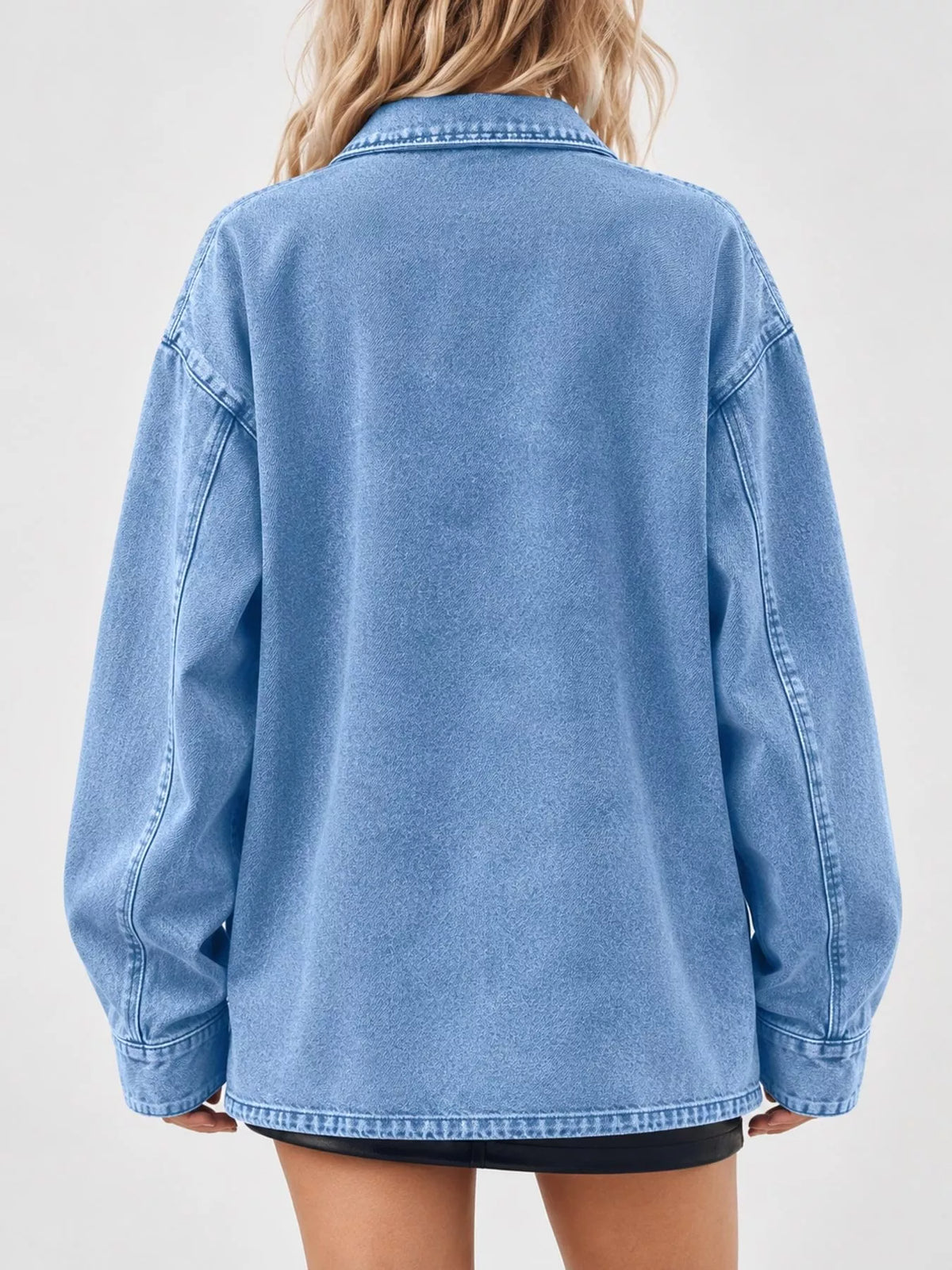 Button-Up Dropped Shoulder Denim Shacket — back view