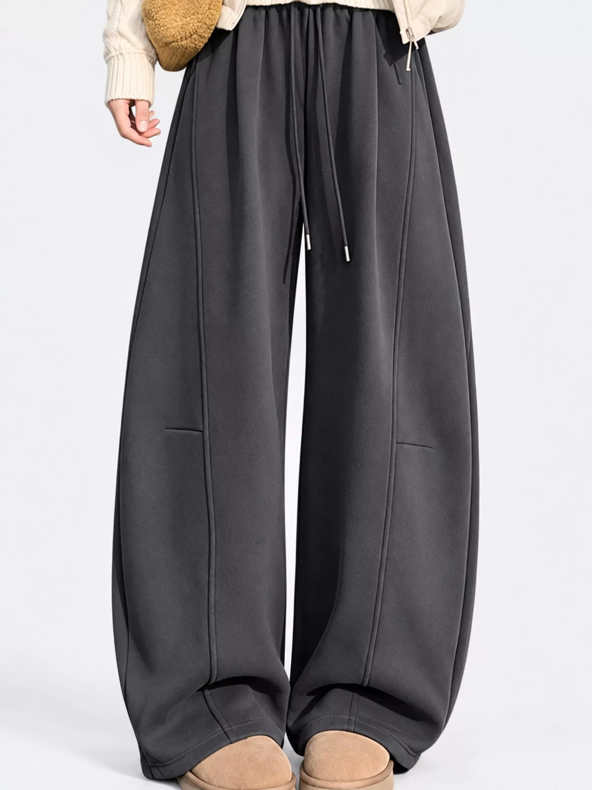 Dark gray wide leg drawstring sweatpants, front view