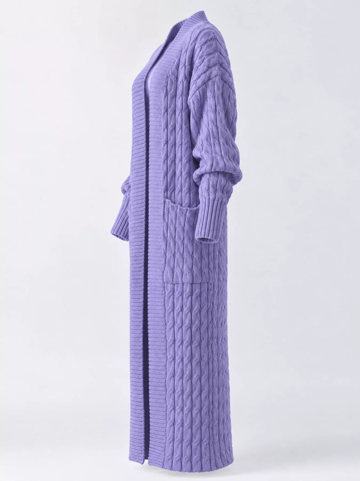 Light Purple cable-knit longline open-front cardigan