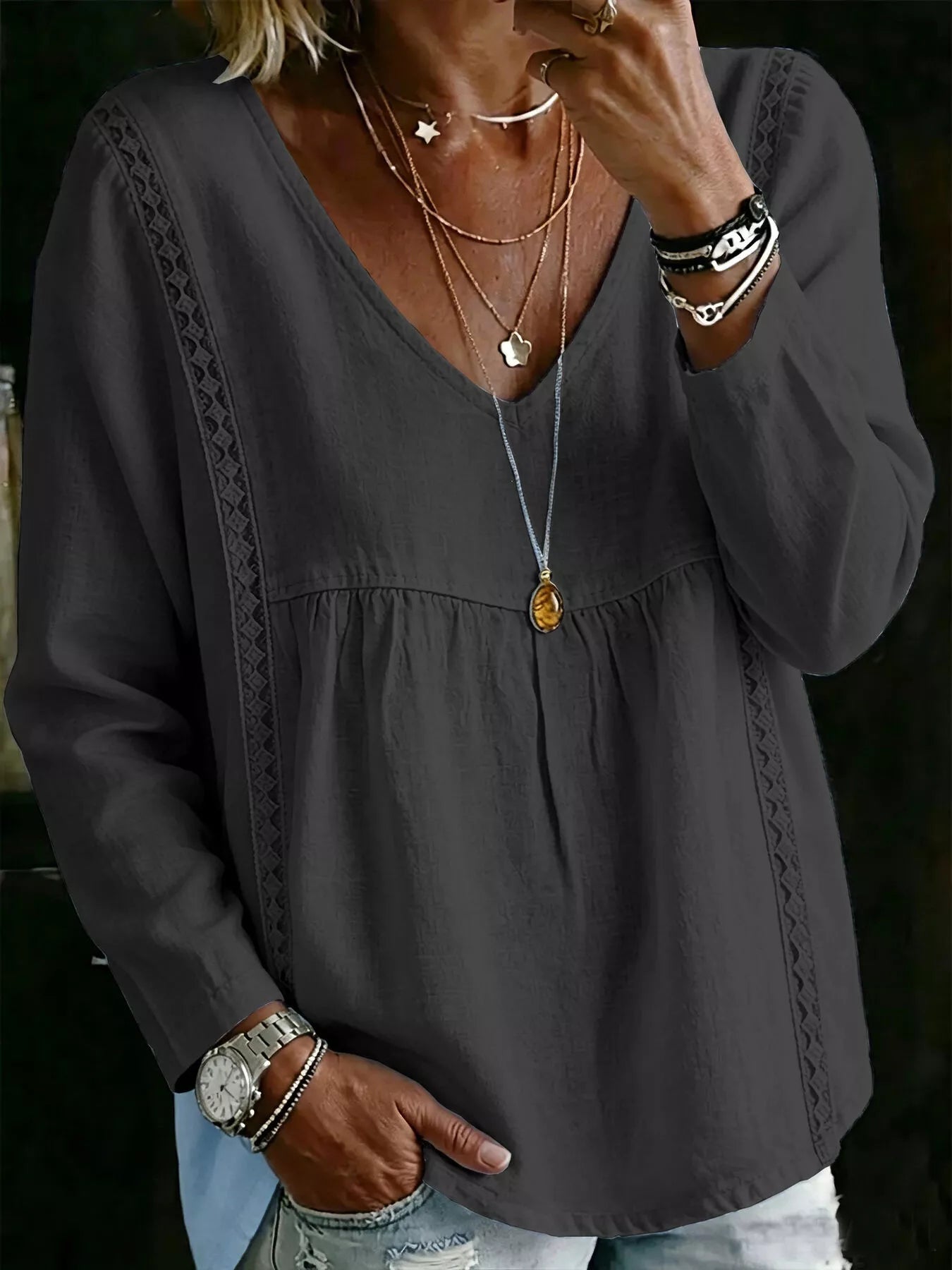 Trendsi Full Size V-Neck Lace Trimmed Long Sleeve Blouse Plus Size -