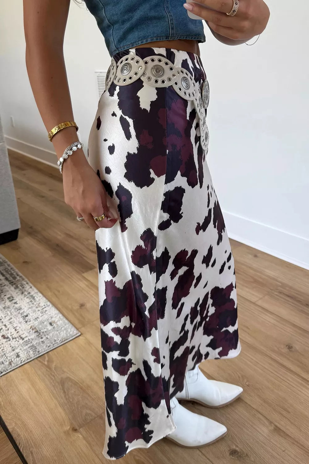 Trendsi Abstract Print Western Long Metal Zip-Up Waist Daily Wear Skirt -