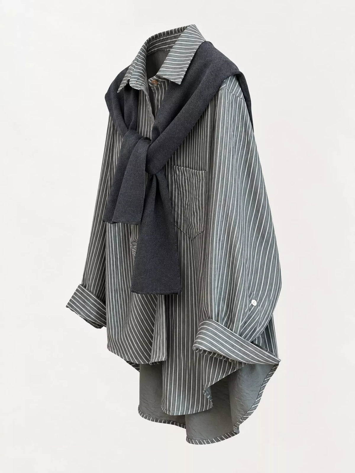 Striped High-Low Shirt with Knit Shawl — side view