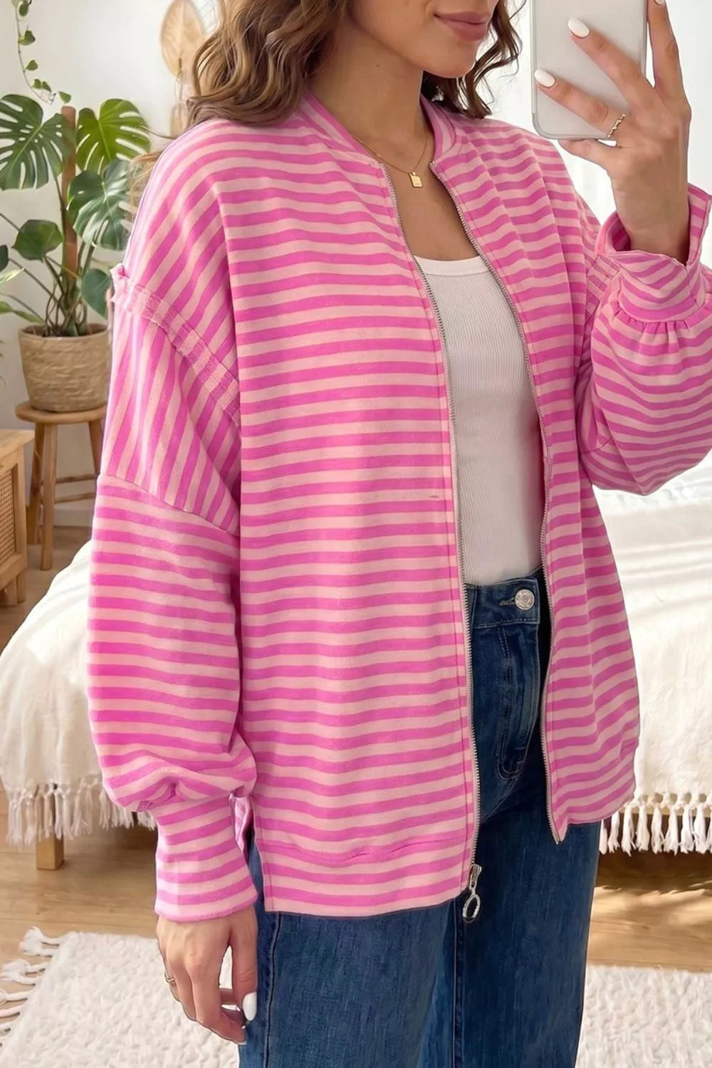 Trendsi Stripe Striped Zip-up Open Front Loose Fit Regular Length Hoodie -