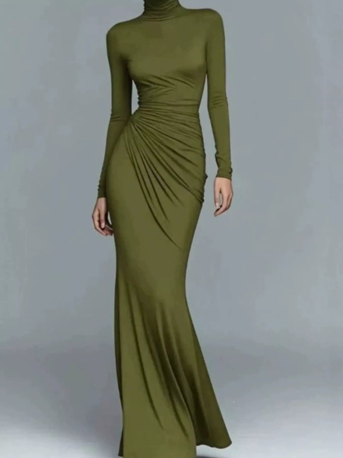 Green turtleneck ruched maxi dress