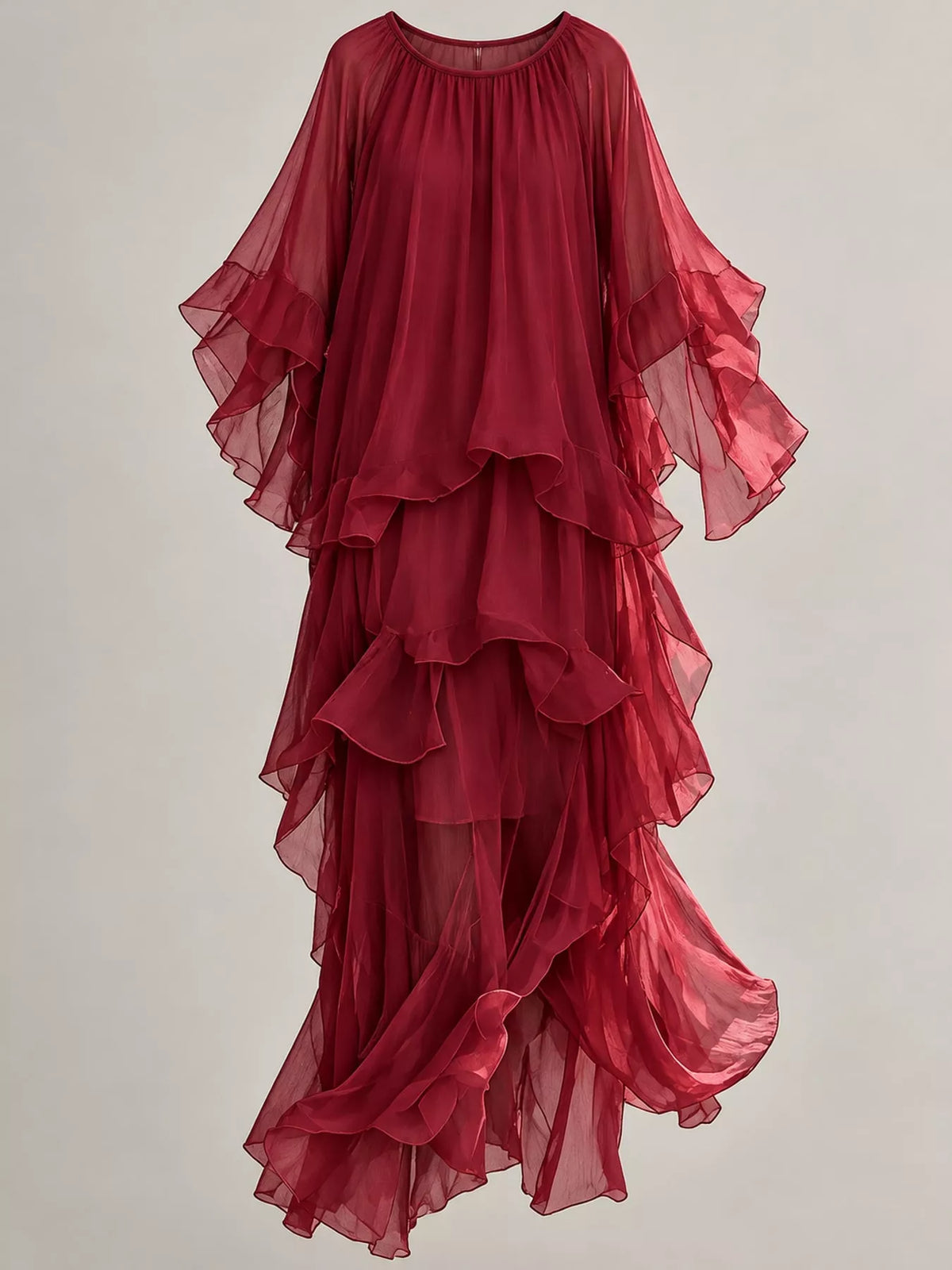 Burgundy ruffled layered bohemian maxi dress, front view