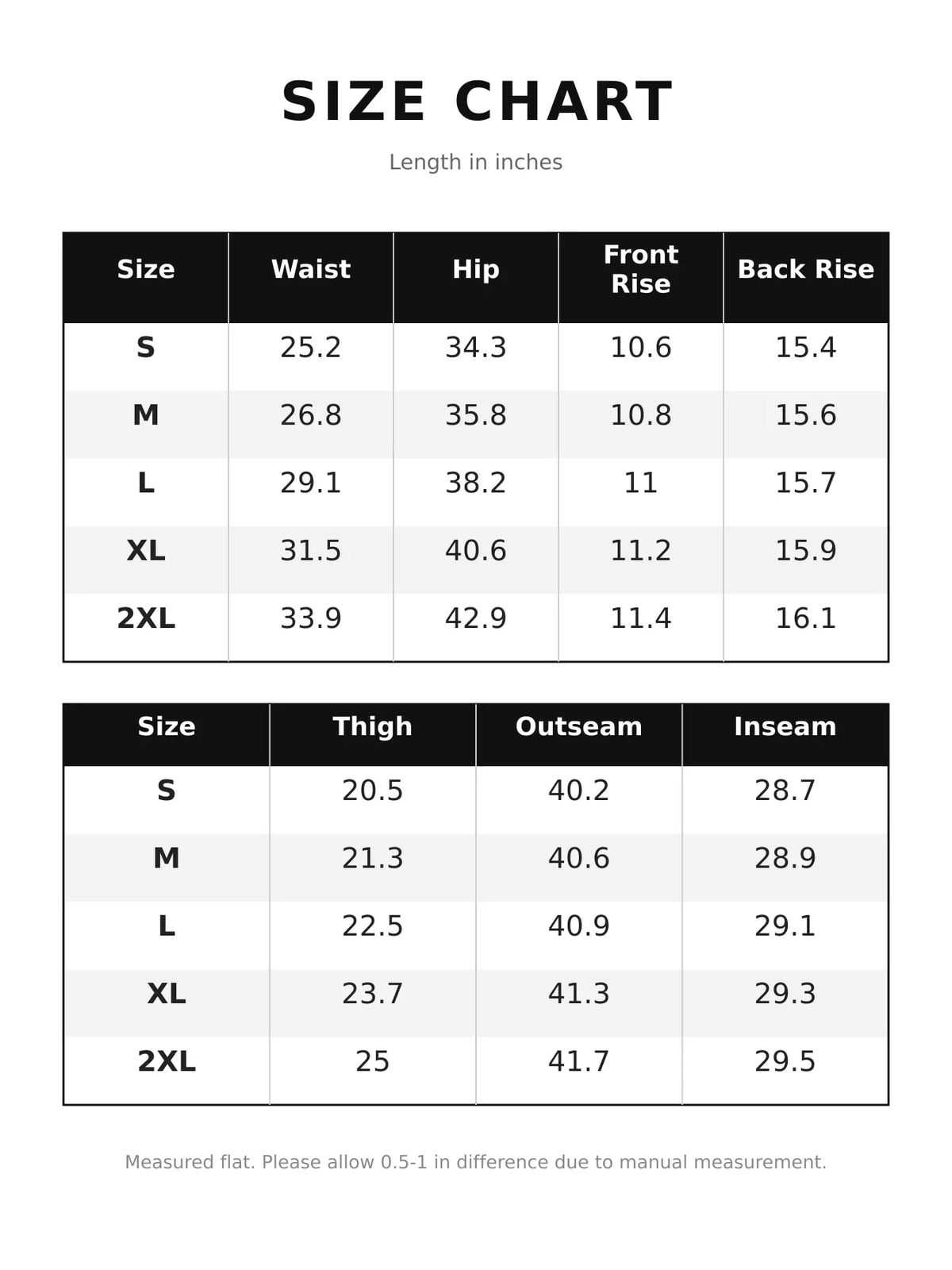 Size chart for button-side flare jeans
