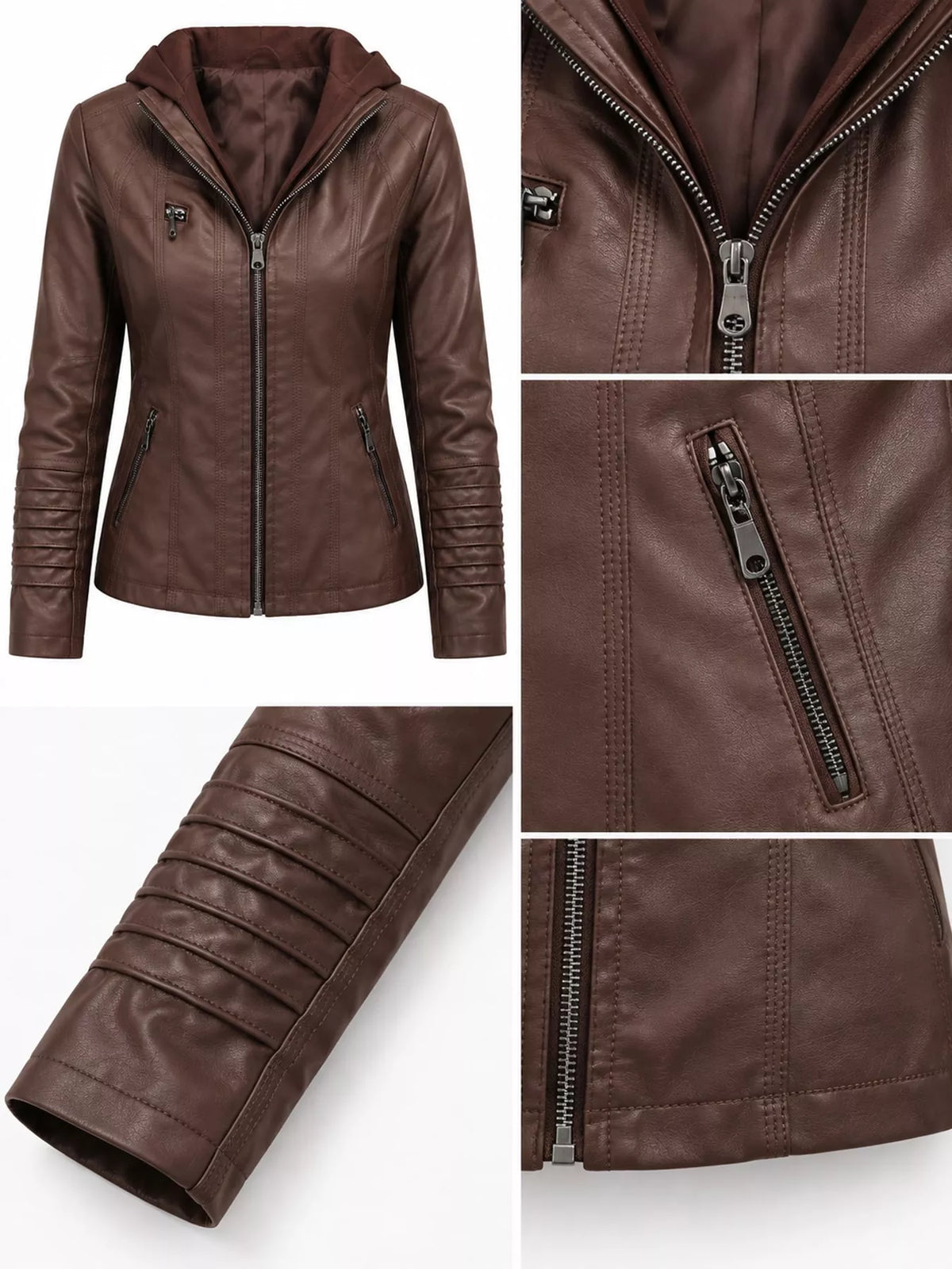Hooded faux-leather jacket, brown garment details