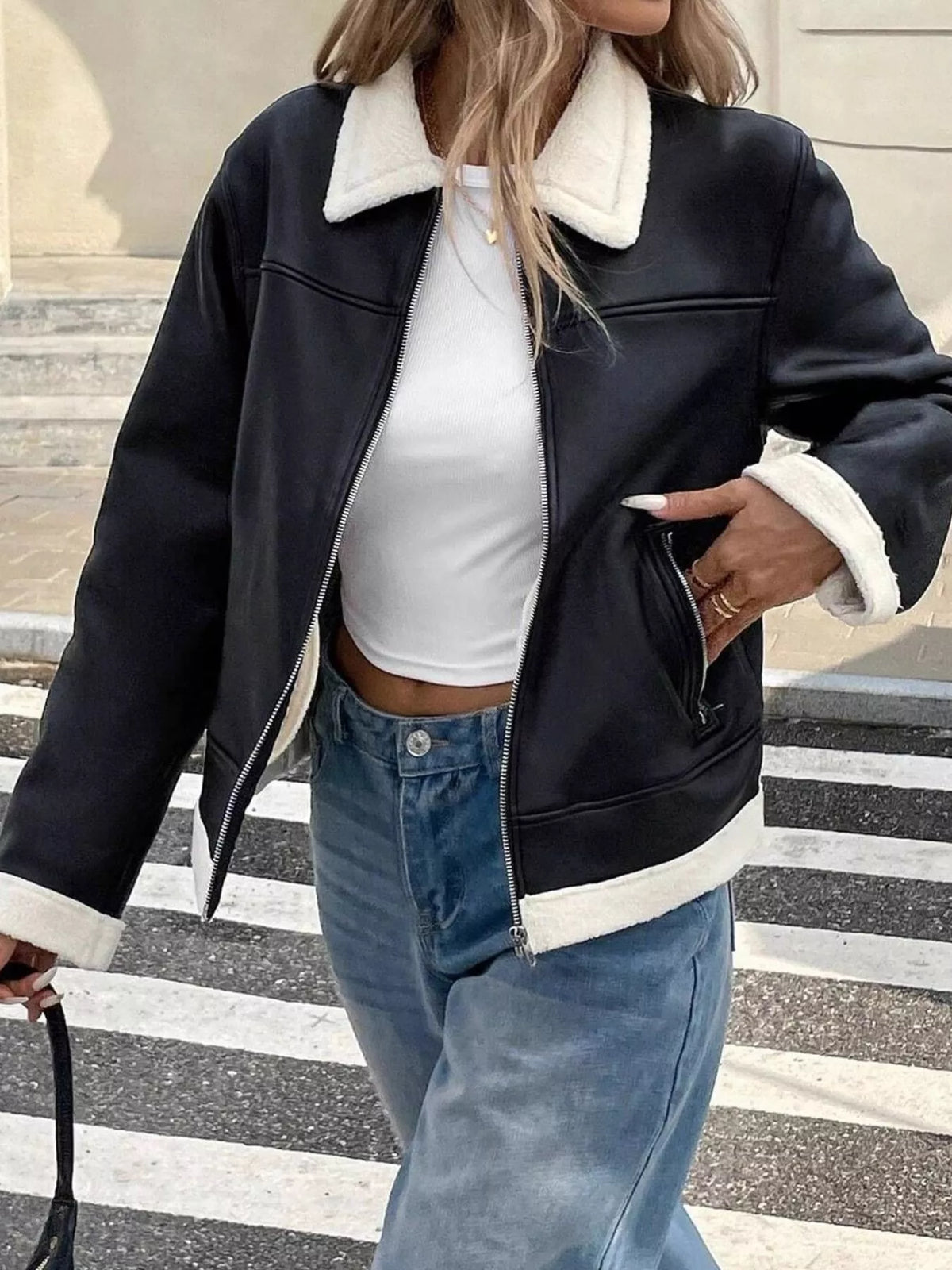 Faux Leather Shearling Trim Zip-Up Jacket — front view