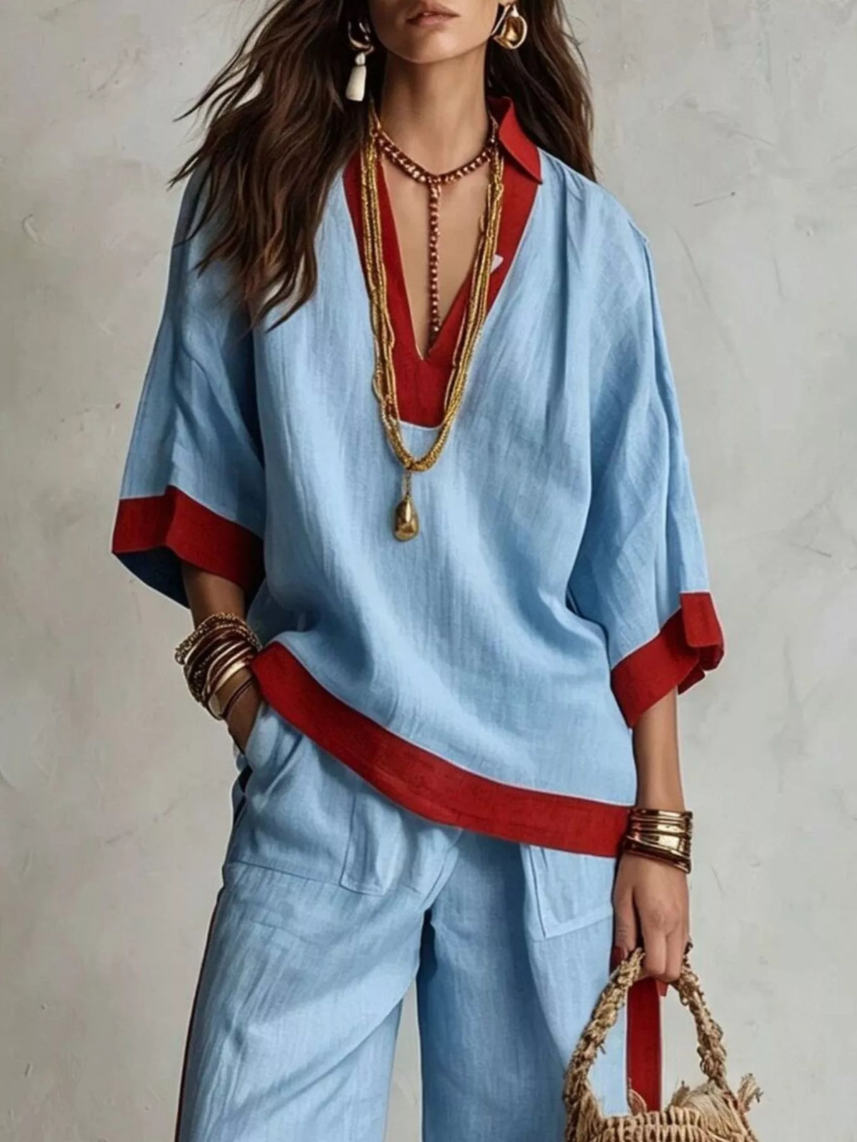 Contrast Trim Top and Wide Leg Pants Set in blue, top detail