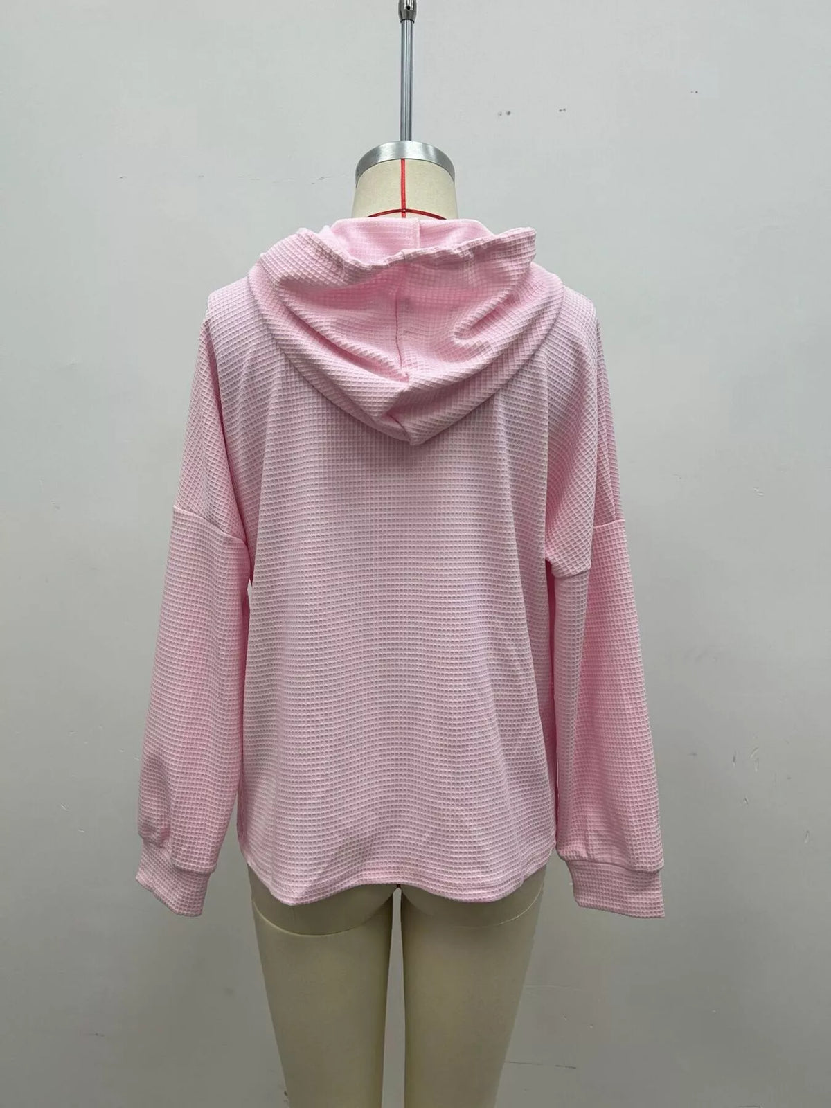 Women's Waffle Knit Drawstring Long Sleeve Hoodie in Dusty Pink, back view