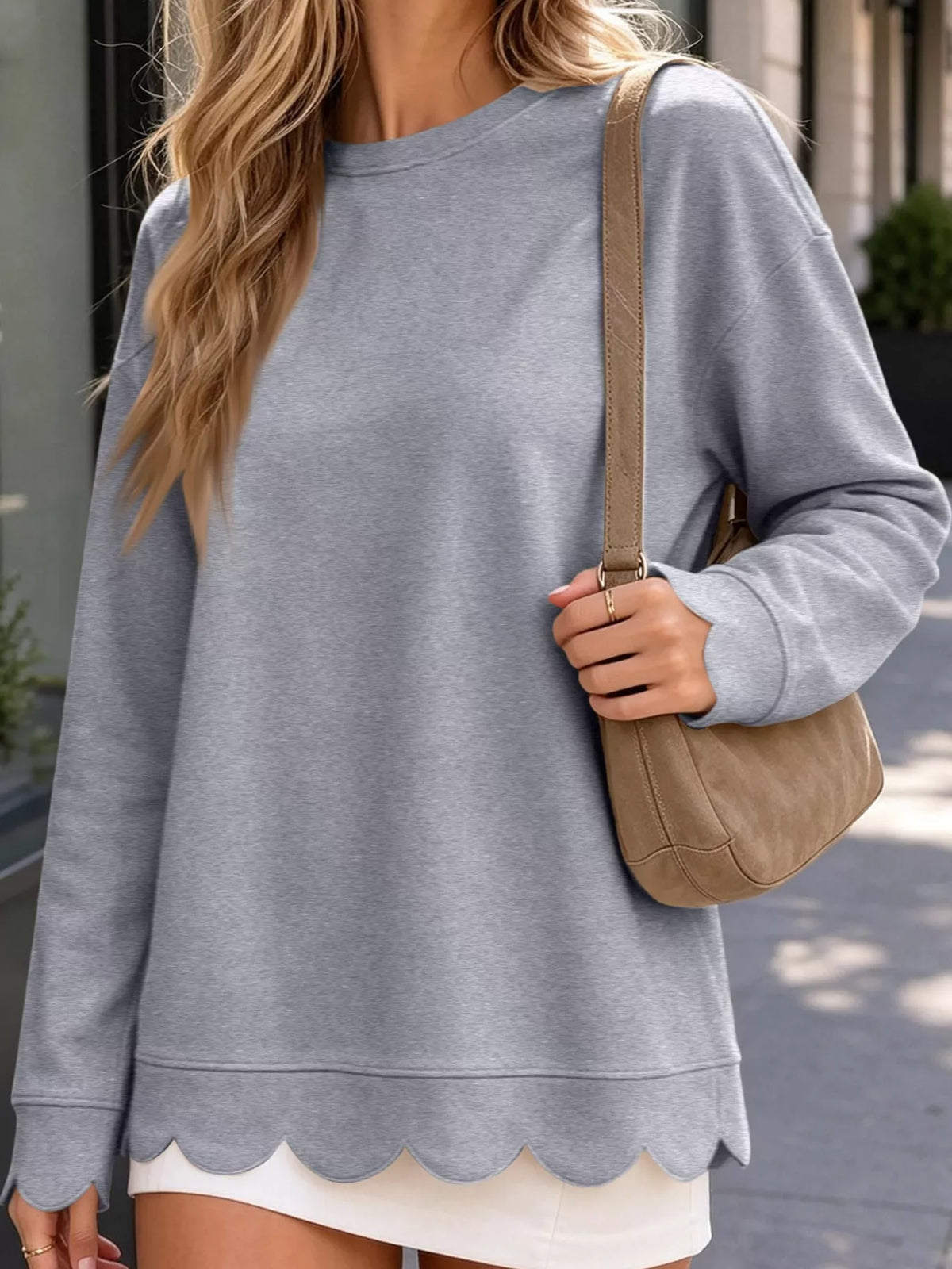 Light Gray scalloped hem crewneck sweatshirt
