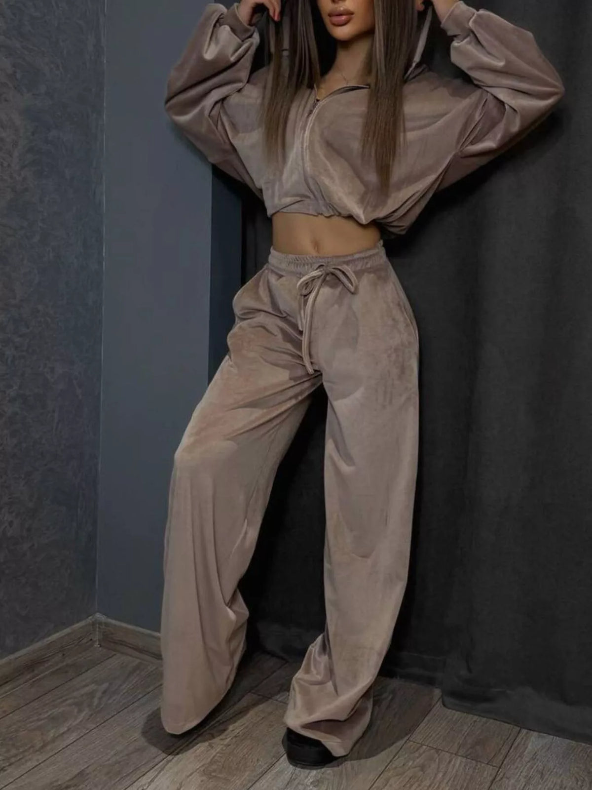 Trendsi Zip Up Hoodie and Wide-Leg Pants Set -