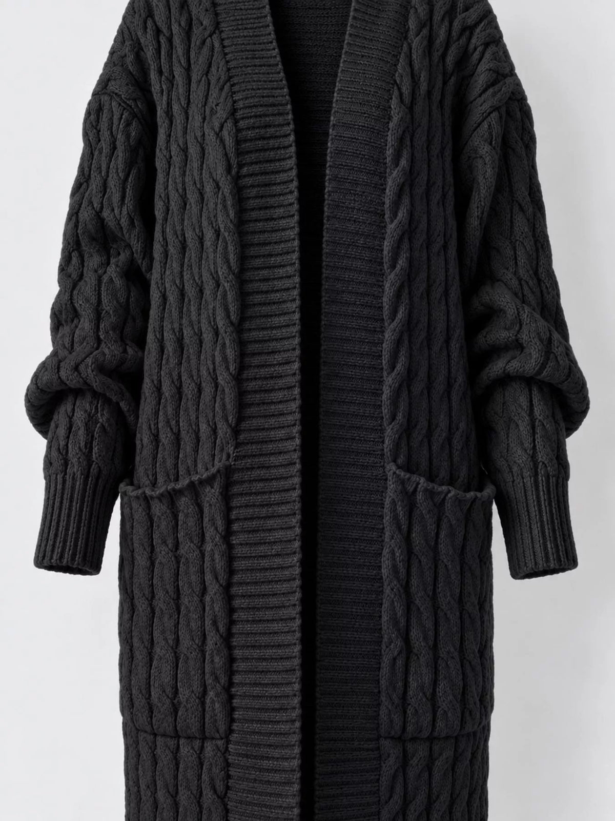 Black cable-knit longline open-front cardigan