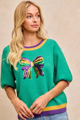 Trendsi BiBi Mardi Gras Sequin Ribbon Patched Sweater -