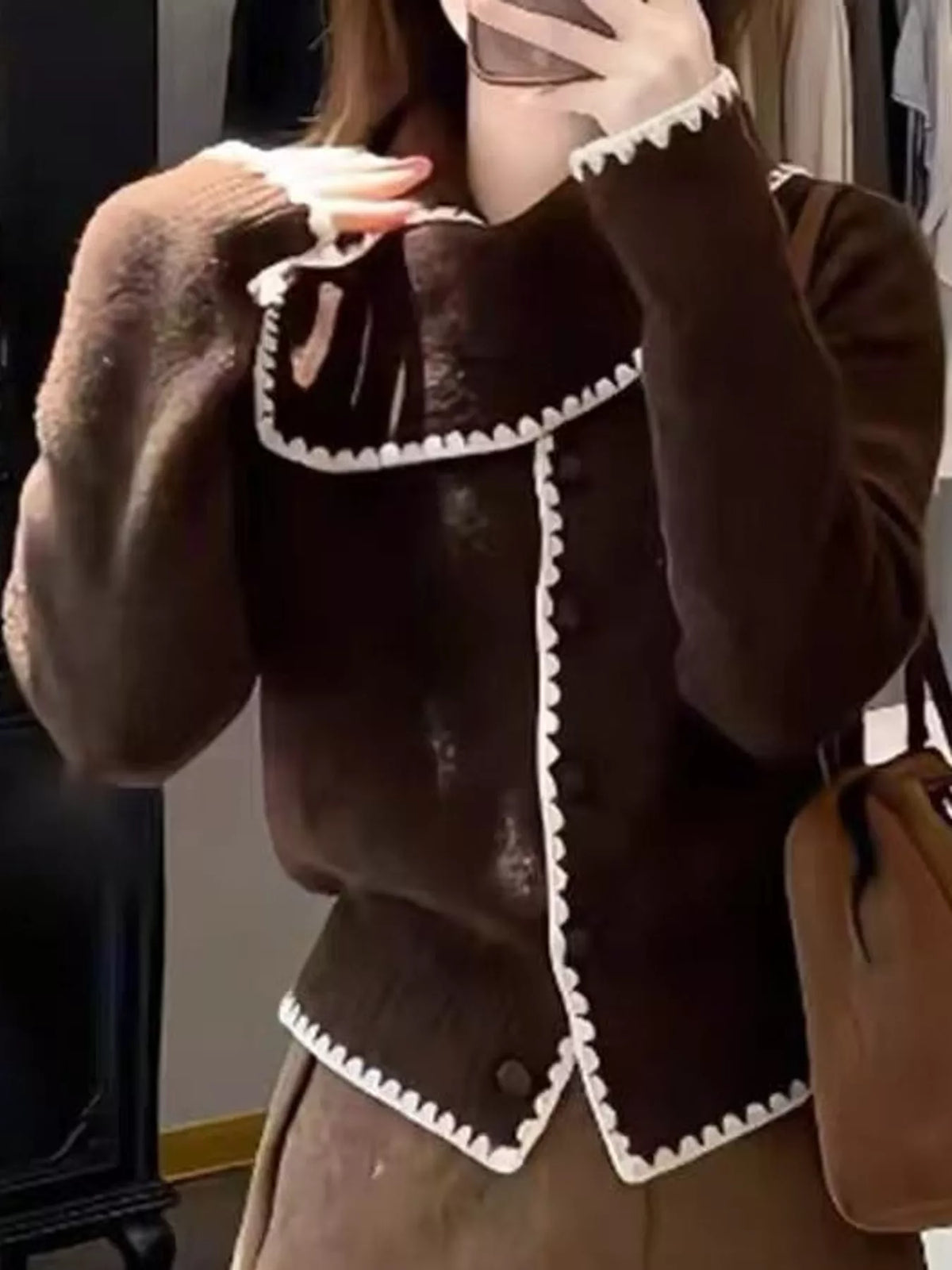 Contrast-Trimmed Scarf Collar Cardigan in coffee