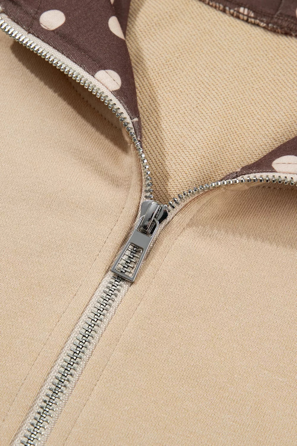 Polka Dot Zip-Up Hoodie in beige, hood lining and zip detail